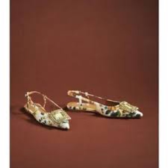 Anthropologie Bibi Lou Floral Pointed Slingback  with Gold Crystal Buckle - Picture 14 of 15